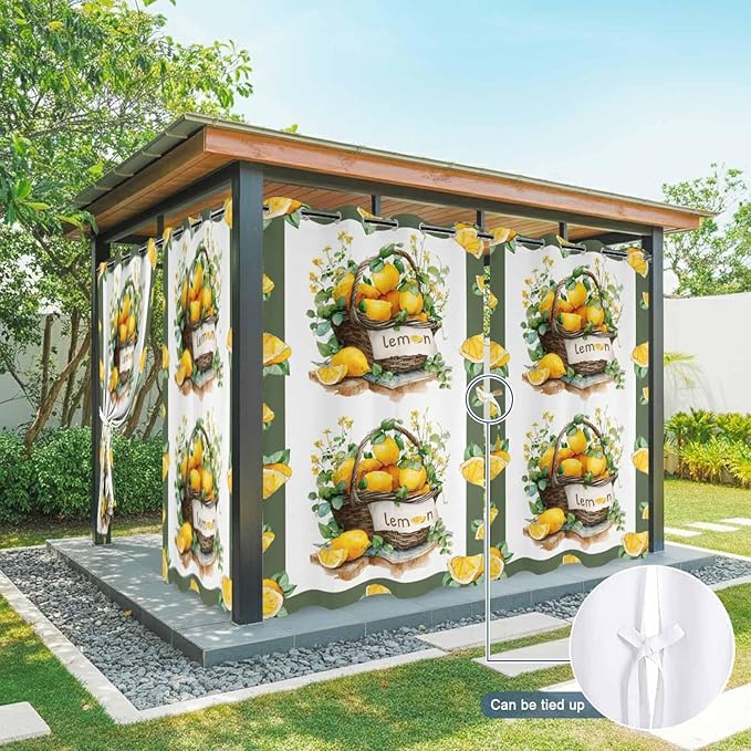 Lemon Outdoor Curtains for Patio Lemons Baskets Summer Tropical Plant Waterproof Outside Curtains with Grommet Top Weatherproof Curtain for Cabana Pergola Gazebo, 1 Panel, 54" W x 108" L