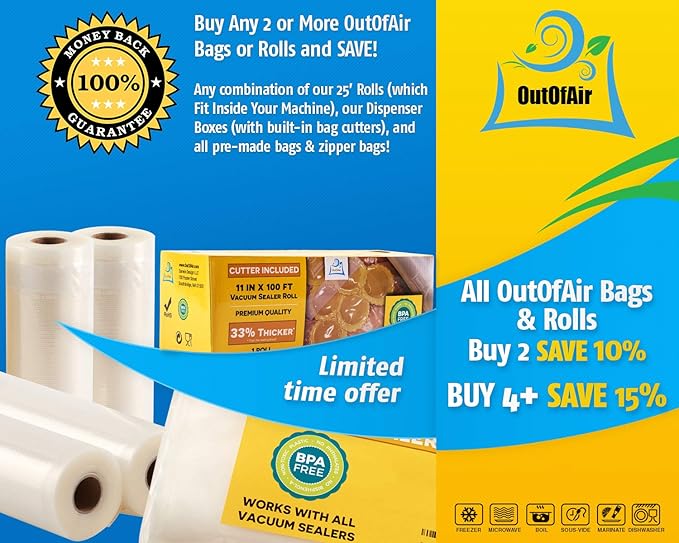 100 Vacuum Sealer Bags: Quart Size (8" x 12") by OutOfAir Works With FoodSaver & Other Machines - 33% Thicker BPA Free, Commercial Grade, 8 x 12 inches