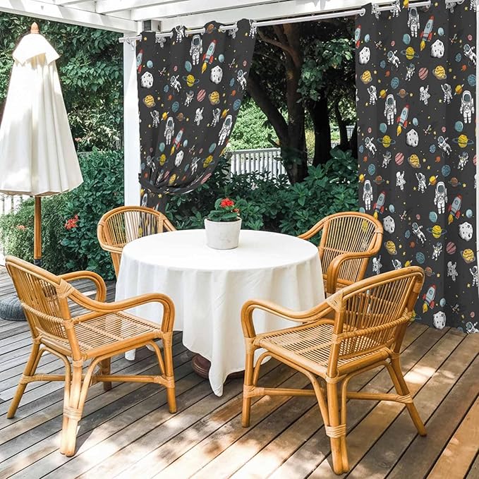 Cartoon Space Outdoor Curtains for Patio Rockets Planets Astronauts Gray Waterproof Outside Curtains with Grommet Top Weatherproof Curtain for Cabana Pergola Gazebo, 1 Panel, 54" W x 108" L