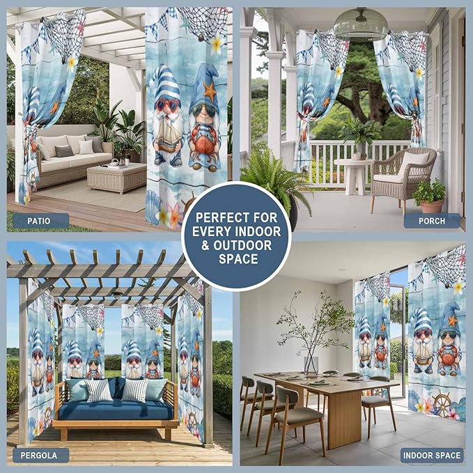 Ocean Gnome Outdoor Curtains for Patio Summer Marine Plumeria Shell Wood Blue Waterproof Outside Curtains with Grommet Top Weatherproof Curtain for Cabana Pergola Gazebo, 2 Pack, 54" W x 84" L