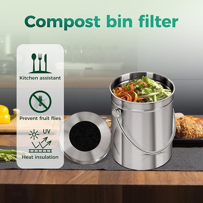 Fiber Cotton Activated Charcoal Compost Filters -7 Pack 4.5 Inch Square Odor Control Replacement for Kitchen Compost Bins, Countertop Compost Bin and Compost Bucket