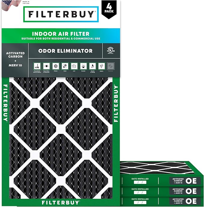 Filterbuy 16x24x1 Air Filter MERV 10 Odor & Allergy Defense with Activated Carbon (4-Pack), Electrostatic Pleated HVAC AC Furnace Filters Replacement, Made in USA (Actual Size: 15.38 x 23.38 x 0.75)