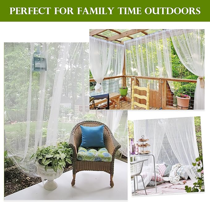 RYB HOME 2 Panels Garden Netting Size Adjustable Porch Screen Mesh Outdoor Curtains Lightweight Mosquito Curtains for Patio Gazebo Pool Hut Bug Netting, White, 59 inches Wide x 120 inches Long