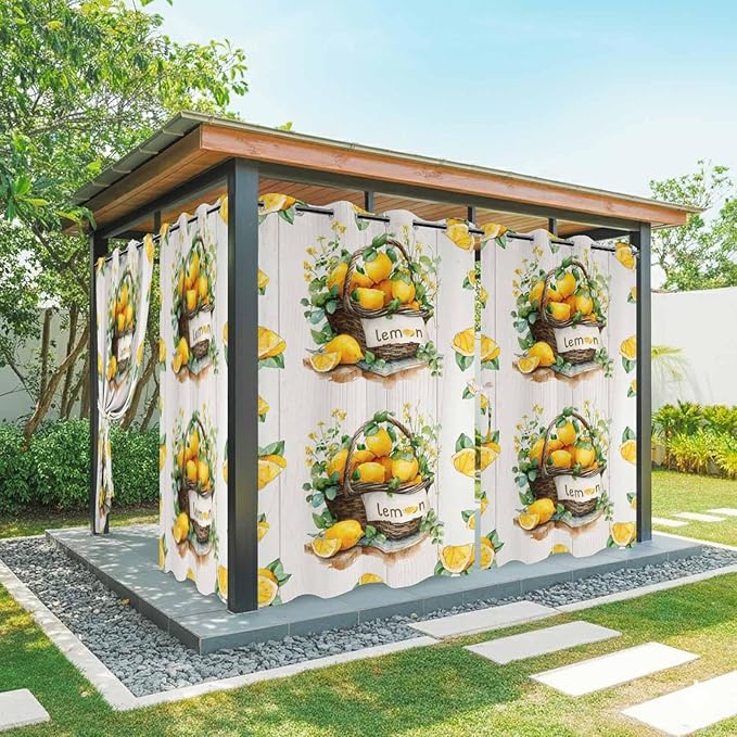 Lemon Outdoor Curtains for Patio Lemons Baskets Summer Tropical Plant Wood Waterproof Outside Curtains with Grommet Top Weatherproof Curtain for Cabana Pergola Gazebo, 1 Panel, 54" W x 95" L