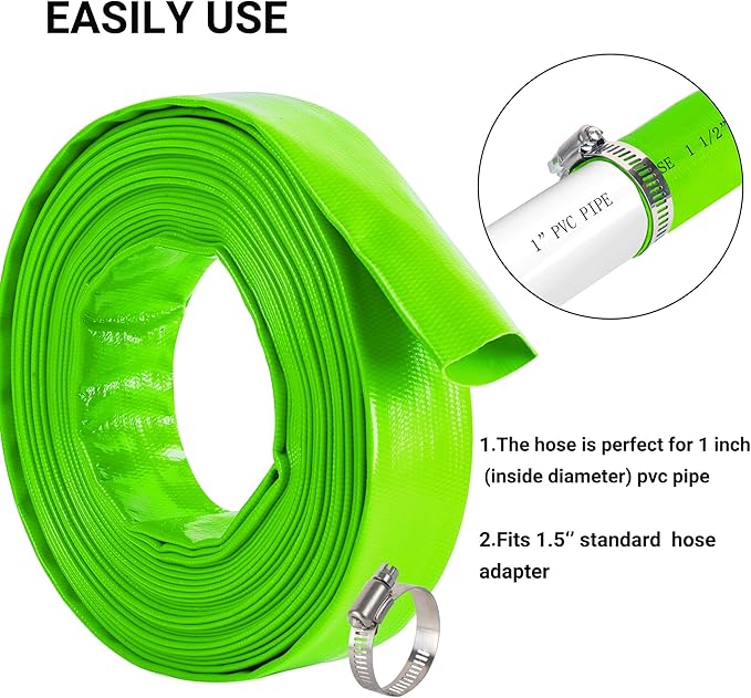 1-1/2" (Flat 2.6’’ width) x 100 FT Pool Backwash Hose, Green Heavy Duty Reinforced PVC Lay Flat Water Discharge Hose for Swimming Pool Filter Pump,with 2 Clamp