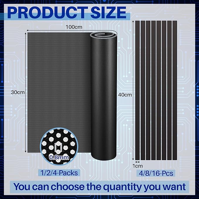 Woanger 4 Pcs 1000 x 300 mm DIY PC Case Dust Filter PC Fan Mesh Filter Floor Vent Cover PVC Dustproof Cover with Magnetic Strip for Computer Chassis Speaker and More, 0.03 Inch Hole, Black