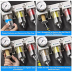 TAILONZ PNEUMATIC 0-150PSI 1/4 Inch NPT Grade 3 Stage Air Drying System, Particulate Filter, Air Filter Pressure Regulator Combo Piggyback, Air Tool Compressor Filter with Gauge (Semi-Auto Drainage）