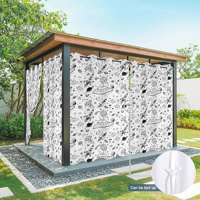 Cartoon Space Outdoor Curtains for Patio Rockets Astronauts Planets Black Waterproof Outside Curtains with Grommet Top Weatherproof Curtain for Cabana Pergola Gazebo, 1 Panel, 54" W x 84" L