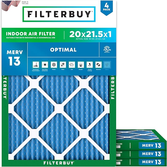 Filterbuy 20x21.5x1 Air Filter MERV 13 Optimal Smoke & Allergy Defense (4-Pack), Electrostatic Pleated HVAC AC Furnace Filters Replacement, Made in USA (Actual Size: 19.88 x 21.50 x 0.75)