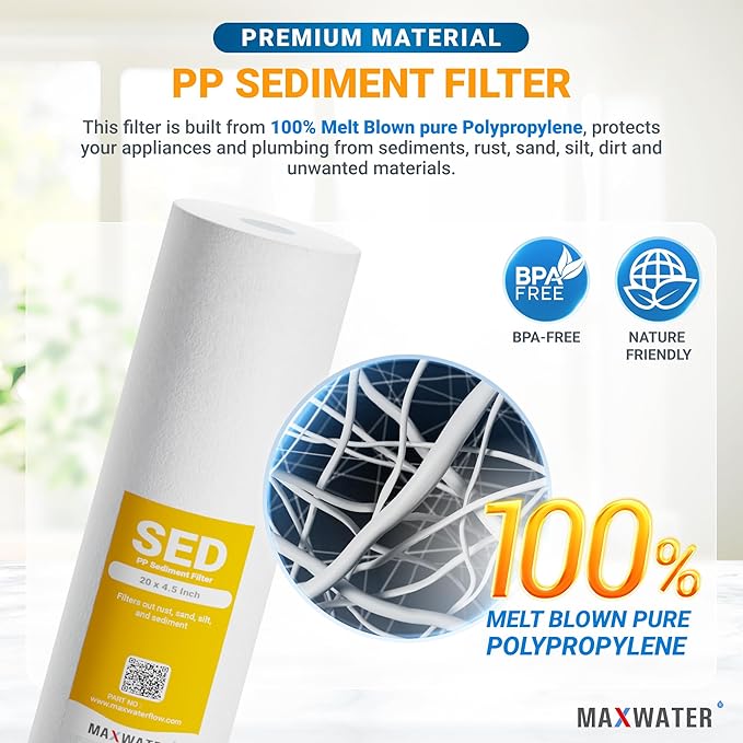 Max Water 5 Micron 20 x 4.5 Sediment Filter 20 inch Whole House BB Water Filtration System Replacement Compatible Cartridge DGD-5005-20, FP25B, AP810-6, FPMB5-20, P5-20, 155358-43, 4-Pack