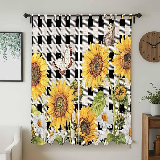 Sunflowers Living Room Curtains 84 Inch Length, Window Curtains Tab Top, Yellow Flowers Butterfly Farmhouse Black Plaid Light Filtering Window Treatments Drapes 52"x84" 2 Panel