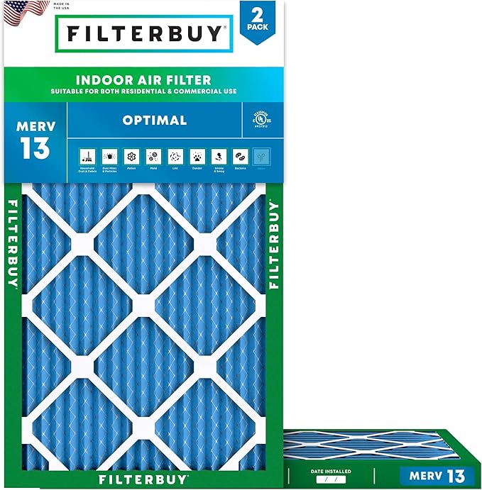 Filterbuy 8x20x1 Air Filter MERV 13 Optimal Smoke & Allergy Defense (2-Pack), Electrostatic Pleated HVAC AC Furnace Filters Replacement, Made in USA (Actual Size: 8.00 x 20.00 x 0.75)