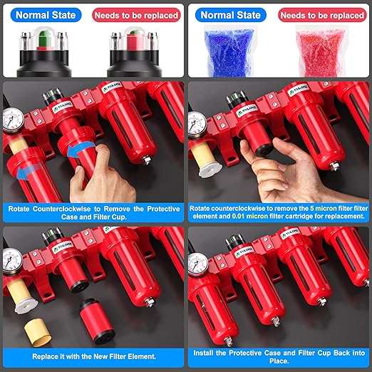TAILONZ PNEUMATIC 0-150PSI 1/2 Inch NPT Red Industrial Grade 4 Stage Air Drying System, Particulate Filter, Coalescing Filter, Double Desiccant Dryer and Air Regulator (Manual Drainage)
