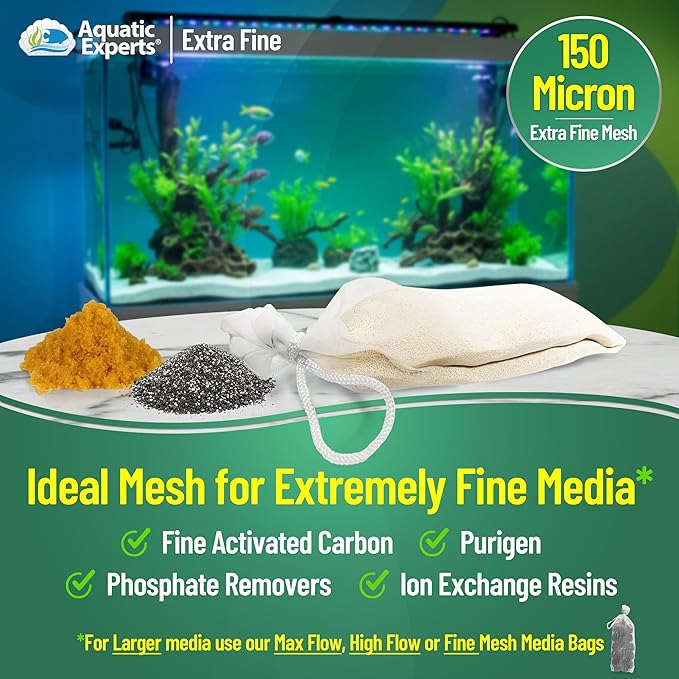 Aquatic Experts Extra Fine Aquarium Media Bag, Durable Drawstring Bags for Fish Tank Filters, 150 Micron Mesh (Extra Fine, 3"x 8" - 4 Pack)
