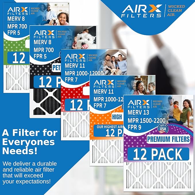 16x25x2 Air Filter MERV 8 Rating, 12 Pack of Furnace Filters Comparable to MPR 700 & FPR 5 - Made in USA by AIRX FILTERS WICKED CLEAN AIR.
