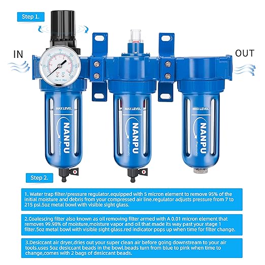 NANPU Zinc Alloy 3 Stage Air System - Particulate Filter, Coalescing Filter, Desiccant Dryer & Air Regulator, Poly Bowl, Manual Drain, Mid Flow, Suitable for Paint Spray & Plasma Cutter (1/2" NPT)