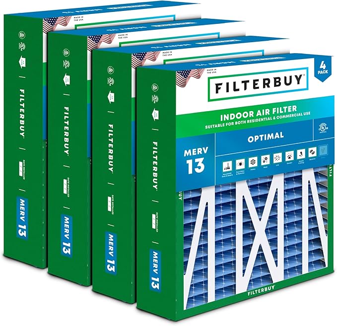 Filterbuy 17.5x21x5 Air Filter MERV 13 Optimal Smoke & Allergy Defense (4-Pack), Electrostatic Pleated HVAC AC Furnace Filters for Rheem, Ruud, and Protech (Actual Size: 17.13 x 20.63 x 4.38)