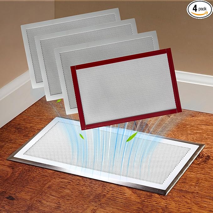 4 Packs Floor Register Vent Cover, 7"x11" Sticky Air Vent Screen Mesh Covers with Non-Magnetic Adhesive PET Gel - Securely Attaches to Plastic, Wood, Stone & More （White)