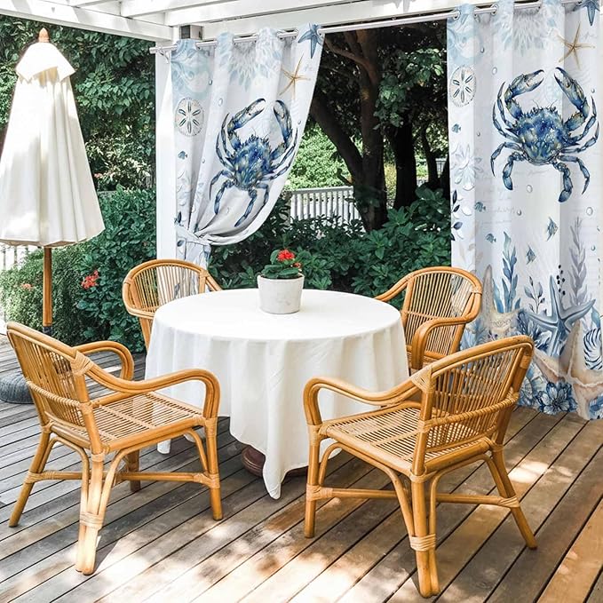 Oceans Outdoor Curtains for Patio Crabs Marine Life Shell Starfish Blue Waterproof Outside Curtains with Grommet Top Weatherproof Curtain for Cabana Pergola Gazebo, 2 Pack, 54" W x 84" L