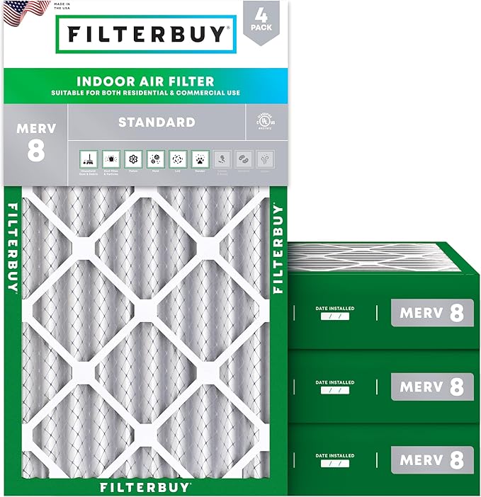 Filterbuy 20x30x4 Air Filter MERV 8 Essential Dust & Allergy Defense (4-Pack), Electrostatic Pleated HVAC AC Furnace Filters Replacement, Made in USA (Actual Size: 19.50 x 29.50 x 3.63)