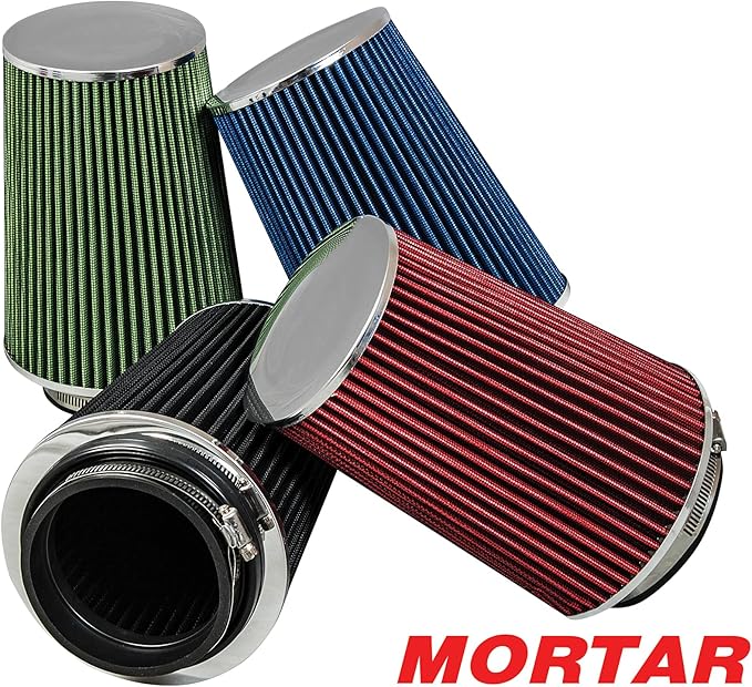 Mortar Aftermarket Auto Air Filter - Car Enthusiast Class Universal Cold Air Intake Gulps in More Air for More Engine Power & Passionate Induction Sound, 8-In-Long, Flange ID 4 In, Black