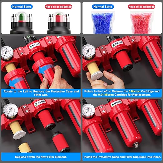 TAILONZ PNEUMATIC 0-150PSI 1/4 Inch NPT Aluminum Alloy Industrial Grade Three Stage Air Drying System, Particulate Filter, Coalescing Filter, Desiccant Dryer and Air Regulator (Manual Drainage)