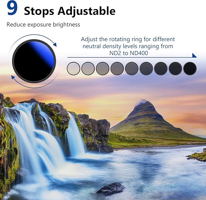 NEEWER 72mm Variable ND Filter ND2-ND400 (1-9 Stops), Neutral Density Filter, Multiple Coatings, Water and Scratch Resistant