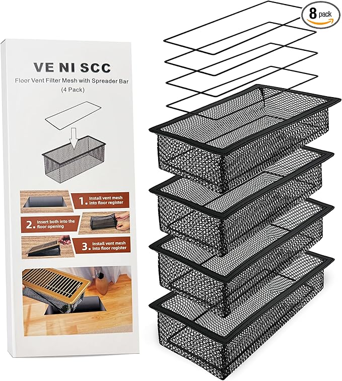 Floor Vent Screen Net 2''x12'', Air Vent Filter Mesh for Home Floor, Floor Register Cover Traps Catches Coin, Toys, Pet Food and Hair, Keeps Duct Cleaning - with Spreader Frame 4 Pack
