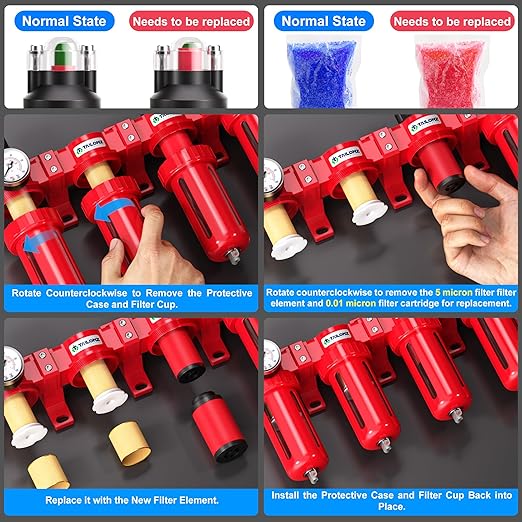 TAILONZ PNEUMATIC 3/8 Inch NPT 0-150 PSI Red Industrial Grade 4 Stage Air Drying System, Double Particulate Filter, Coalescing Filte,Desiccant Dryer and Air Regulator Manual Drainage