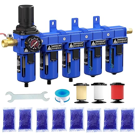 3/8'' NPT 5 Stage Air Drying System,5 &0.5 &0.01 Micron Filter Cartridge,Double Desiccant Dryers & Air Regulator,Metal Bowl, Semi-Auto Drain,Industrial Grade-Blue
