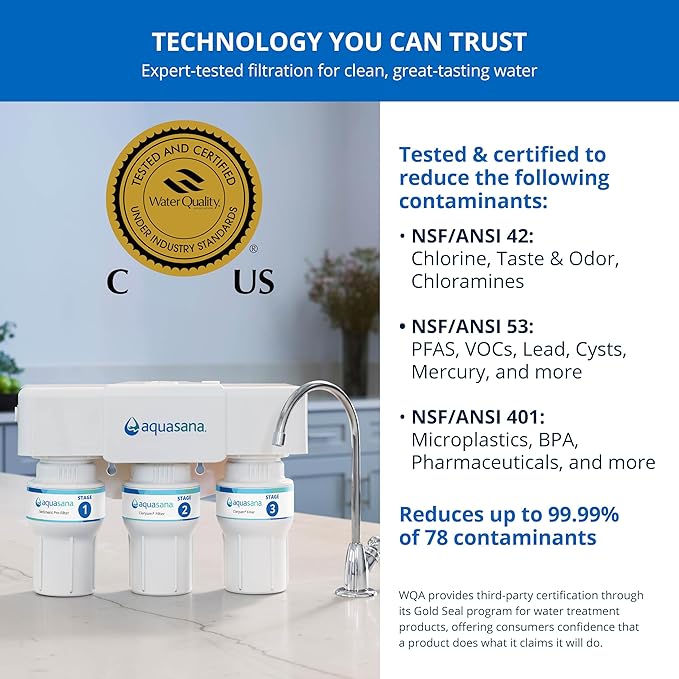 Aquasana Under Sink Water Filter | 3-Stage Claryum Filtration | Reduces up to 99.99% of PFAS, Lead, Chlorine, & More | Under Counter Drinking Water Filter | Includes Chrome Faucet | AQ-6300-CHR