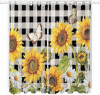 Sunflowers Living Room Curtains 96 Inch Length, Window Curtains Tab Top, Yellow Flowers Butterfly Farmhouse Black Plaid Light Filtering Window Treatments Drapes 52"x96" 2 Panel