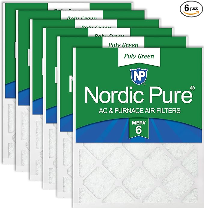 Nordic Pure 18x18x1 (Actual Size: 17 3/4 x 17 3/4 x 3/4) Poly Green MERV 6 AC Furnace Air Filters – Reduces Dust, Pollen, Pet Dander & Allergens – 6-Pack