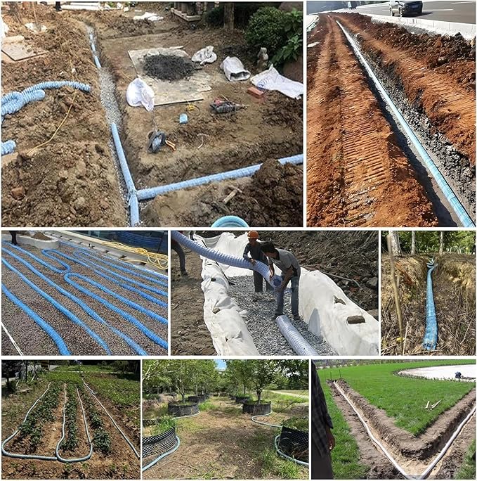French Drain Pipe for Lawn, 2" 3" 4" 6" Corrugated Perforated Drains Pipes 3 5 12 25 50 100 Ft- Soil Infiltration Ground Water Drainage(Blue-Dia 8cm(3.1in),L 65ft)