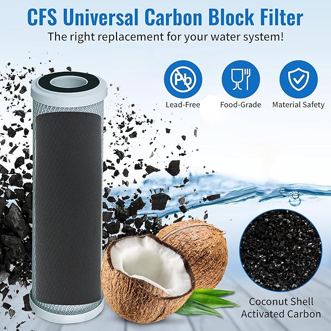 CFS – 10" x 2.5" Replacement GE GXWH04F Activated Carbon Block Filter - Universal 10 inch Filter for GE HOUSEHOLD PRE-FILTRATION SYSTEM – 4 Pack