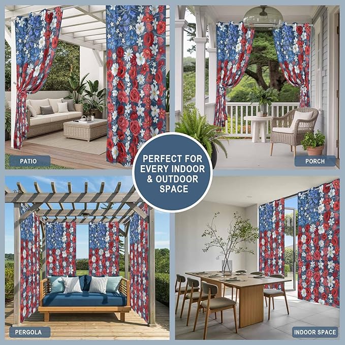 4th of July Outdoor Curtains for Patio Patriotic Flowers Farmhouse Red Waterproof Outside Curtains with Grommet Top Weatherproof Curtain for Cabana Pergola Gazebo, 2 Pack, 54" W x 95" L