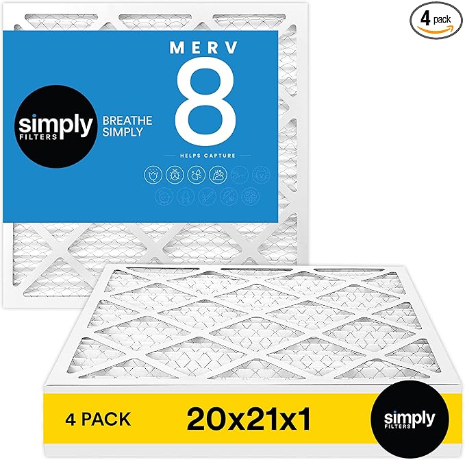 Simply 20x21x1 Air Filter, Merv 8, 4 Pack, For Home AC Furnace & HVAC (Actual Size: 19.75"x20.75"x0.75") DUST, Pet, & Allergy Control
