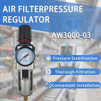 HengMinLingTong 3/8" NPT Compressed Air Filter Regulator Combo Piggyback, 5 Micron Brass Element, Poly Bowl, Semi-Auto Drain, Metal Bracket, 0-150 psi AW3000-03