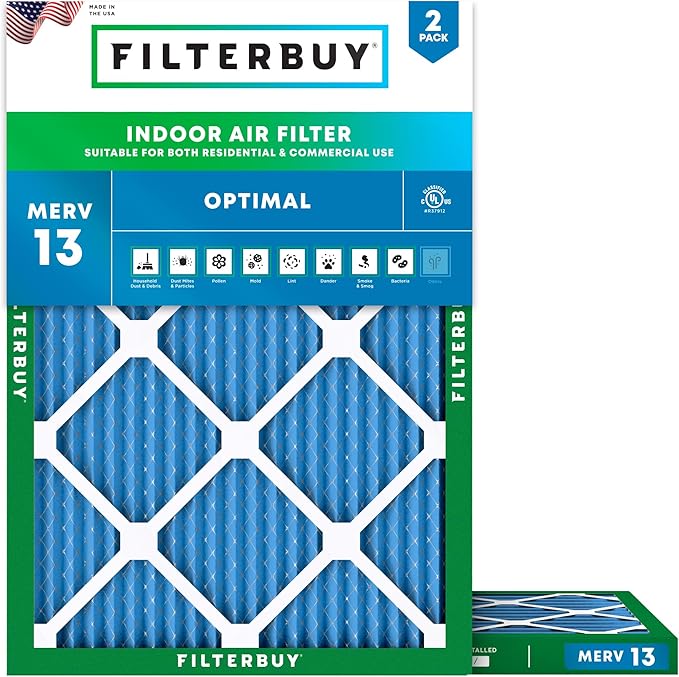Filterbuy 14x16x1 Air Filter MERV 13 Optimal Smoke & Allergy Defense (2-Pack), Electrostatic Pleated HVAC AC Furnace Filters Replacement, Made in USA (Actual Size: 14.00 x 16.00 x 0.75)
