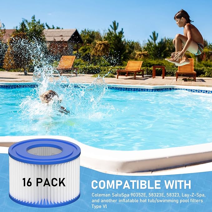 Type VI Hot Tub Filter Cartridge Compatible with Lay-Z-Spa, Coleman SaluSpa 90352E, 58323E, 58323 Swimming Pool Pump (16 Pack)