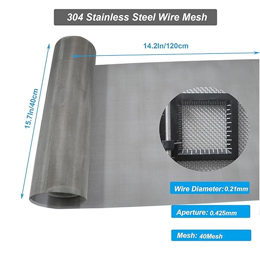 304 Stainless Steel Mesh 40Mesh, 15.7"x47.2"(40x120cm) Metal Mesh Screen, Woven Fine Wire Mesh, Filter Mesh Easy to Cut for Vent Covers, Cage, Garden, Window Screen and DIY Project