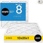 Simply 10x25x1 Air Filter, Merv 8, 6 Pack, For Home AC Furnace & HVAC (Actual Size: 9.75"x24.75"x0.75") DUST, Pet, & Allergy Control