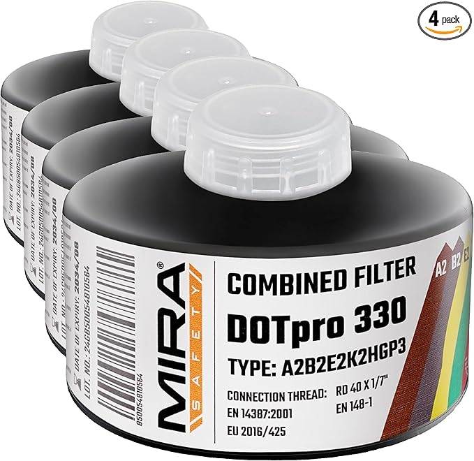 MIRA Safety - DotPro 330 - Industrial Grade Gas Mask Filter | A2 B2 E2 K2 HG P3 Filter Rating | Long Shelf Life | 40mm NATO Filter | Fits CBRN Gas Masks (Pack of 4)