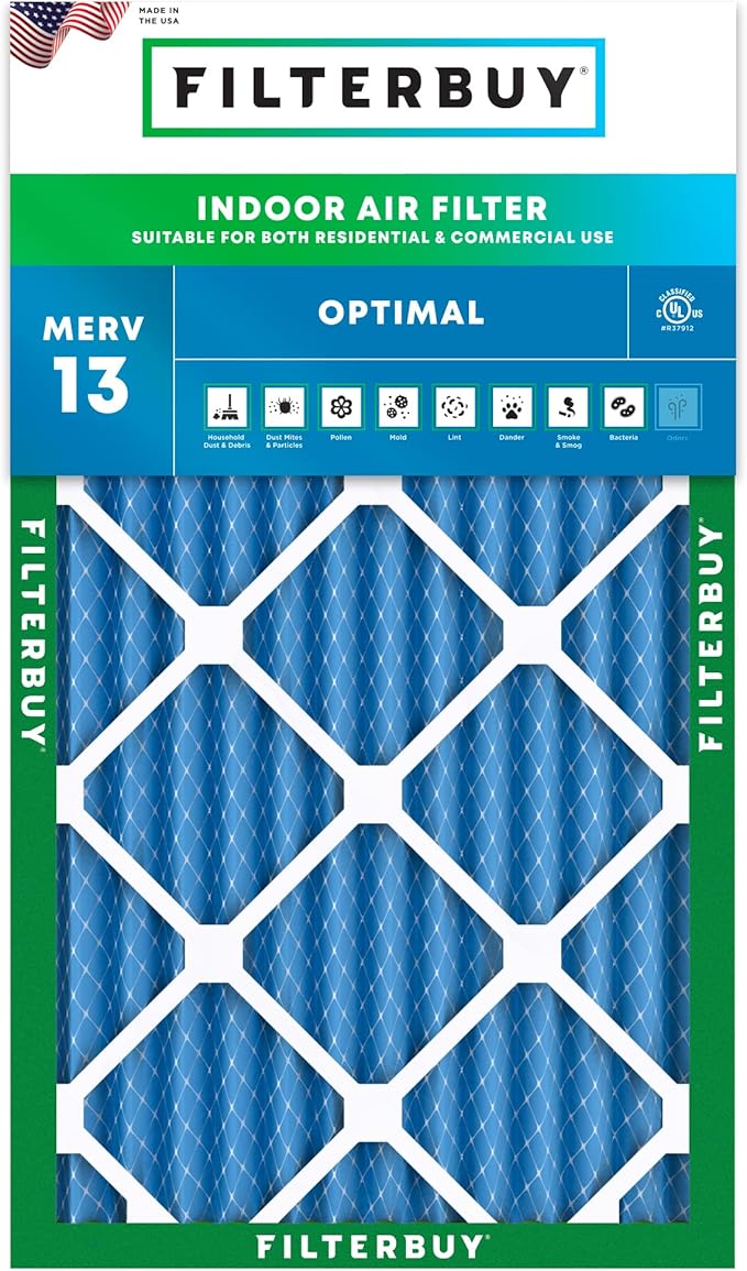 Filterbuy 10x20x2 Air Filter MERV 13 Optimal Smoke & Allergy Defense (1-Pack), Electrostatic Pleated HVAC AC Furnace Filters Replacement, Made in USA (Actual Size: 9.50 x 19.50 x 1.75)