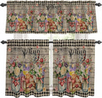 Spring Flowers Kitchen Curtains Set 3 Piece for Windows, Rod Pocket Valance and Tier Set 36 Inch Length, Farmhouse Vintage Black Plaid Wood Grain Light Filtering Cafe Curtains for Living Room Bathroom