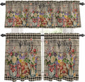 Spring Flowers Kitchen Curtains Set 3 Piece for Windows, Rod Pocket Valance and Tier Set 24 Inch Length, Farmhouse Vintage Black Plaid Wood Grain Light Filtering Cafe Curtains for Living Room Bathroom