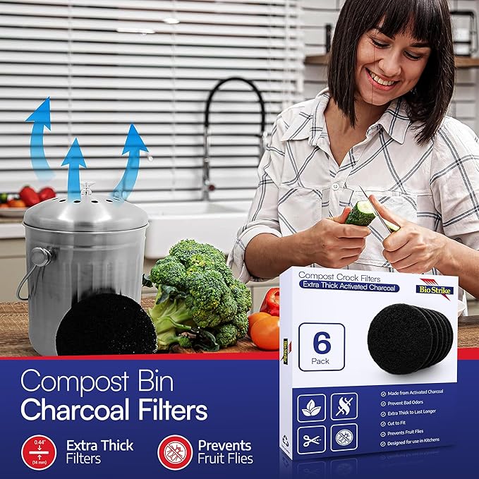 BioStrke -Activated Carbon Filter Odor Absorbers for Kitchen Compost Bins - Extra Thick 5.5 inch Compost Bucket Charcoal Filters - Odor Control for Countertop Pails - Made in USA (2 Count)
