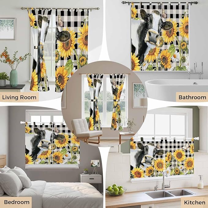 Retro Sunflowers Kitchen Curtains 24 Inch Length, Small Window Curtains Tab Top, Farmhouse Floral Cow Butterfly Black Plaid Light Filtering Short Window Treatments Tier Drapes 27.5"x24" 2 Panel