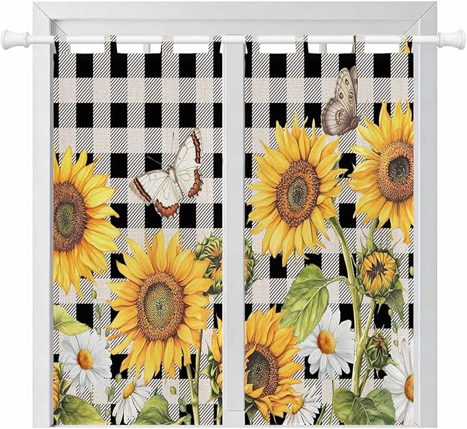 Sunflowers Bedroom Curtains 72 Inch Length, Window Curtains Tab Top, Yellow Flowers Butterfly Farmhouse Black Plaid Light Filtering Window Treatments Drapes 52"x72" 2 Panel
