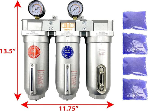 1" NPT SUPER DUTY Industrial Grade 3 Stages Filter Coalescing Desiccant Dryer System For Compressed Air Lines, Metal Bowls, Great For Paint Spray And Plasma Cutter (MANUAL DRAIN)